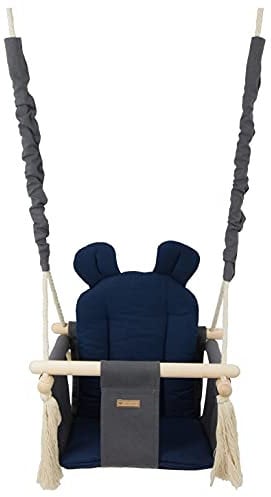Balançoire bascule confortable pour enfants en bois coton terrasse jardin maison (dessin: gris, bleu marine)