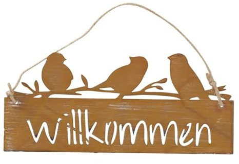 RiloStore 25x12cm Metallschild - Willkommen - Rost Deko Vögel Metall Schild Türdeko Rostdeko Türschild Gartendeko Dekoschild Edelrost Outdoor Garten Sitzecke