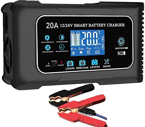 20-Amp Lifepo4 Lithium AGM Gel Smart Battery Charger, 12V/20A 24V/10A Trickle Charger, Maintainer for car Boat Motorcycle, Lawn Mower