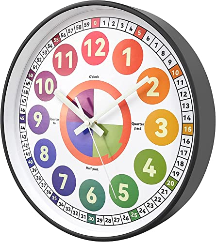 DORBOKER Kids Wall Clock Learning Clock,Silent luminous Wall Clock for Bedroom, Glow in The Dark Clock Telling Time Teaching Clock, Girls Boys Children Room Decor(Mica Gray,30cm 12inch)