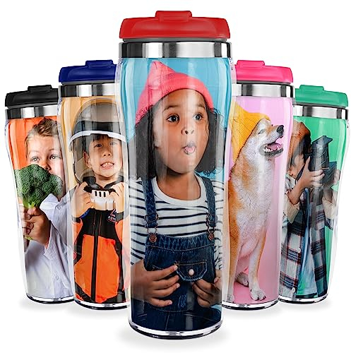 Pixly® Personalised Custom Photo Thermal Travel Mug - 400ml/14oz Capacity - Stainless Steel Coffee Tea Flask with Picture - Black, Red, Blue, Pink (Red)