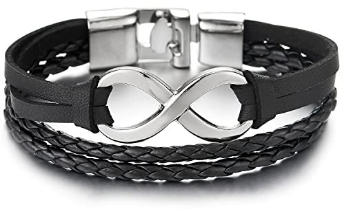 COOLSTEELANDBEYOND DREI Reihen Unendlich Liebe Number 8 Freundschaftsbänder Schwarz Lederarmband für Damen Herren