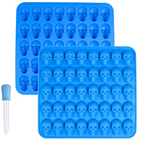 2PCS Halloween Themed Moulds Food Grade Skull Silicone Mould Candy Machine Homemade Chocolate Jelly Cookie Reusable Baking Moulds 40 Small Skulls DIY Non-Stick Kitchen Kids Candy Melts Wax Melt Moulds