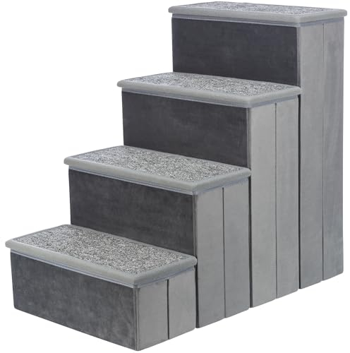 TRIXIE Hundetreppe mit Velours, 4 Trittstufen, Haustiertreppe für Betten und Sofas, faltbar, mit zusätzlichem Stauraum, Grau