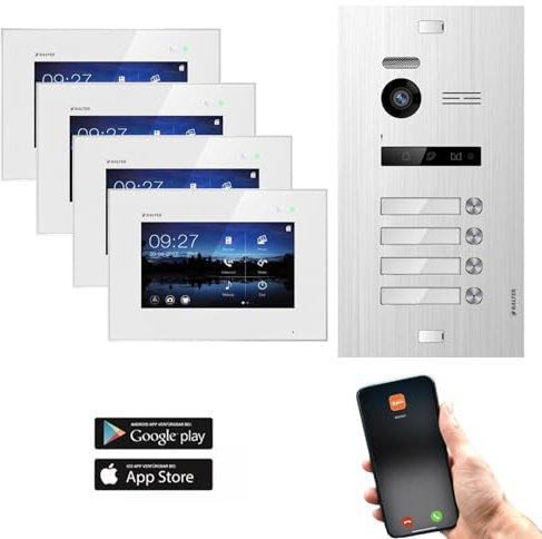 Balter EVO Silver Video-Türsprechanlage 7 WiFi Monitor Touchscreen 2-Draht Bus Komplettsystem für 4 Familienhaus (4x7 WiFi Videostation, Türstation, EVO-C4001 Hauptstromverteiler) App Steuerung