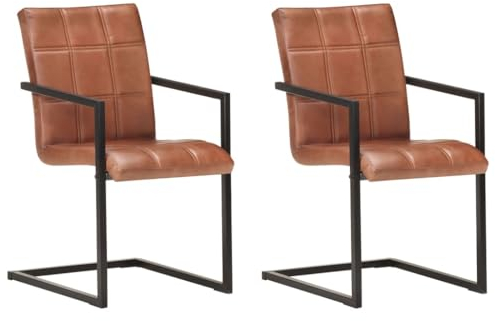 vidaXL Freischwinger 2 STK., Schwingstuhl mit Armlehnen, Esszimmerstuhl Metallrahmen, Essstuhl Küchenstuhl Stuhl Esszimmer Küche, Retro-Design, Braun Echtleder