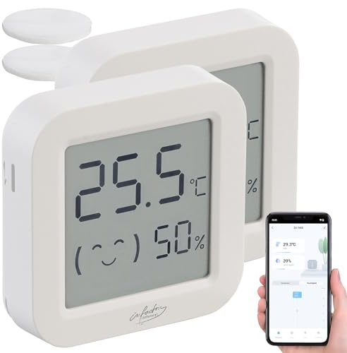 infactory Thermometer Hygrometer: 2er-Set Mini-Thermo-/Hygrometer, Komfort-Anzeige, LCD, Bluetooth, App (Zimmer-Thermometer, Wandthermometer, Baby)