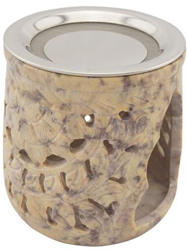 Brûleur d'encens fabriqué à la main en stéatite beige marbré – Design « Jamal » avec passoire en acier inoxydable et disque en métal – Pour encens et herbes – Hauteur 10 cm