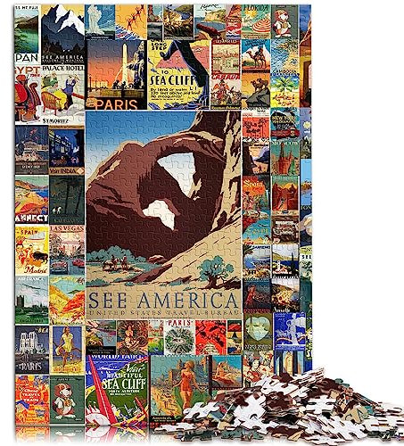 BUBELS Vintage Travel Wall Art 1000 Piece Jigsaw Puzzle, Cardboard, Retro Style, 26x38cm, 1000 Pieces, 1 Set