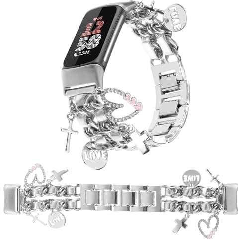REALSIGN Stylish Metal Wristband Compatible with Fitbit Charge 6/Charge 5 Bands for Women,Cute Strap with Unique Love Cross Pendants Chain Charms Bracelet for Charge 5 6 Fitness Tracker
