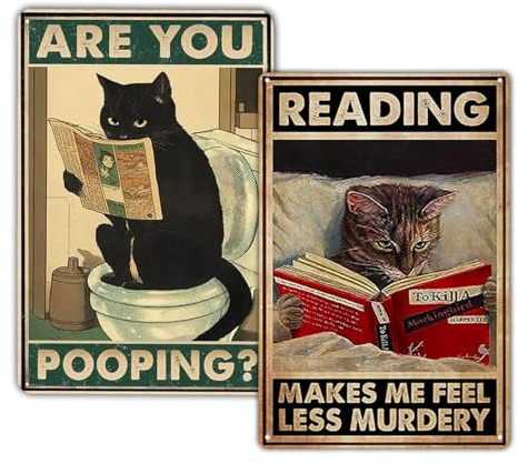 KONFEN Cartel de Chapa Gato Retro, Are You Pooping + Gato Leyendo Cartel de Metal Póster Tin Sign Wall Decor, Artístico de Metal para Cuarto de Baño Aseo Puerta Casa para Cat Lovers 12 x 8 Pulgadas