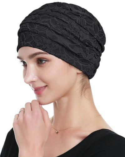 Alnorm Damen Viskose-Mütze, Spitze, Turban, weiche Schlafmütze, Chemo-Hüte, Schwarz, Einheitsgröße