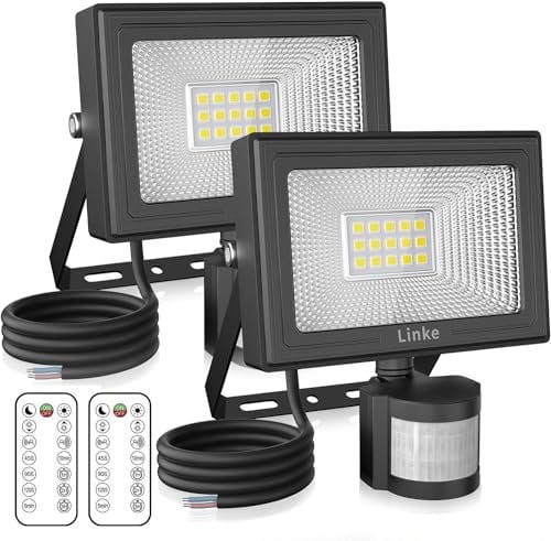 Linke Security Lights Outdoor Motion Sensor 15W, 1200LM PIR Security Light 6500K LED Floodlights, IP66 Waterproof Outside Daylight Wall Light for Garage Garden Hallway Backyard, 2 Pack