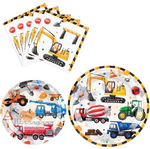 WERNNSAI Construction Party Supplies - 48PCS Construction Birthday Decorations Kids Party Plates Napkins for Boys Birthday Party Tableware Serves 16 Guests