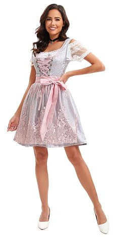 Velcoxplay Dirndl Damen midi Trachtenkleid Damen Dirndlkleid mit Spitze Trachtenmode inkl. Dirndlbluse Dirndlschürze 3 teilig für Oktoberfest Karneval Pink XXL