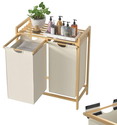 XINZI Wäschekorb 2 Fächer Schmal, Wäschesammler Bambus 72L Wäscheorganisator aus Oxford-Stoff, Laundry Baskets 2 Compartments Wäsche Sortiersystem, Wäschesortierer Holz Wäschebox, Beige