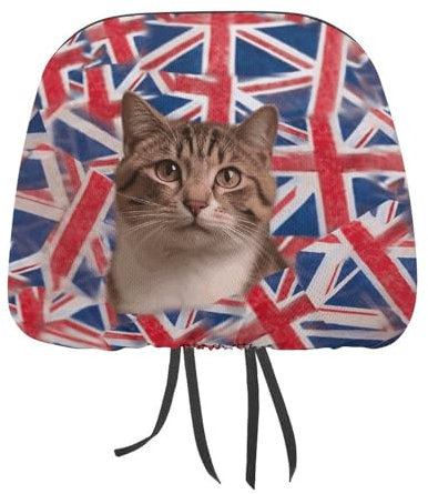 NQLYUT Autositz-Kopfstützenbezüge, Motiv: Katze, britische Flagge, Wimpelkette, Kopfstützenbezüge für das Auto, personalisierbar, Kopfstützenschutz für die meisten Autos, 2 Stück