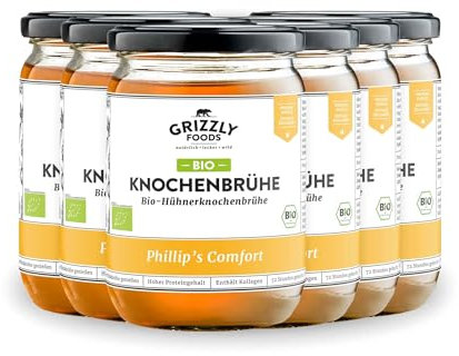 Grizzly Foods • BIO Hühnerknochenbrühe (6 x 500ml) • 20g Kollagen pro Glas • 72 Stunden lang gekocht • 100% natürlich • Ohne Zucker, ohne Zusätze • Wertvolle Nährstoffe • Bone Broth • Knochenbrühe