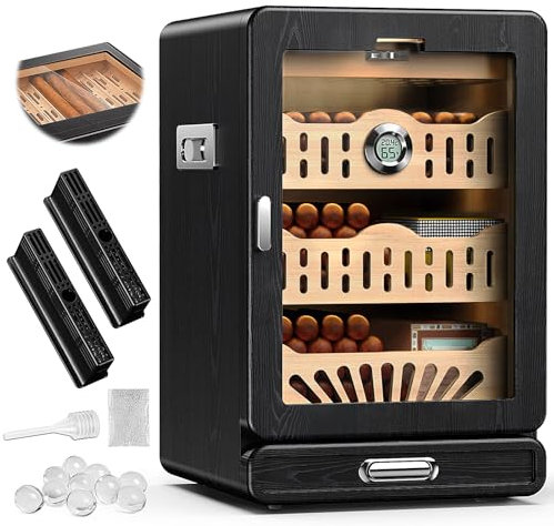KEJIAR Zigarren-Humidor, Glasplatte, Zigarren-Humidor, Schrank, Zeichenmuster, spanische Zedernschale, Zubehör-Schublade, 2 stehende Gel-Luftbefeuchter, 1 digitales Hygrometer, für Herren (schwarz)