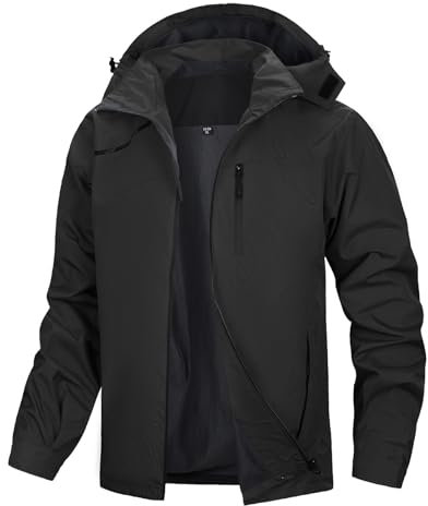 LBL Softshelljacke für Herren Wasserdicht Outdoor Jacken Warme Gefütterte mit Abnehmbarer Kapuze Atmungsaktive Wanderjacke Übergangsjacke Schwarz L