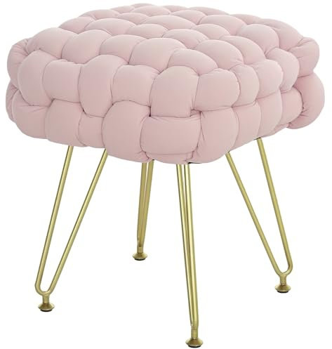HOMCOM Square Foot Stool, Woven Footrest Ottoman with Metal Legs, Padded Makeup Vanity Stool, Velvet Dressing Table Seat for Bedroom, Pink