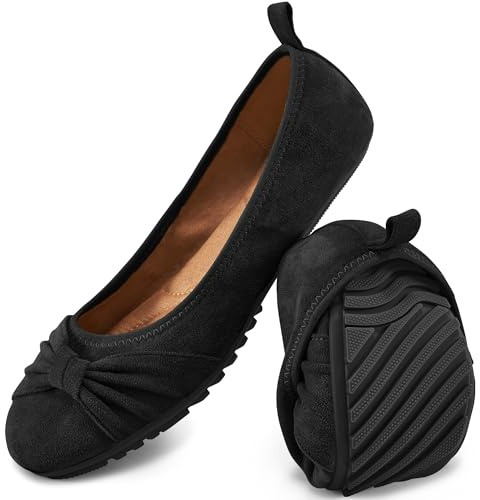 Ecetana Comfortable Ballet Flats for Women: Lightweight Cushioned Foldable Slip-On Work Shoes with Memory Foam - All Day Walking Comfort - Dressy Flats for Office Business Black