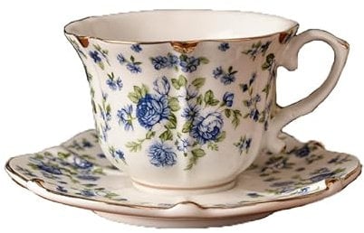 FUENYEJIA 200ML English Porcelain　Ceramic Coffee Cup, European-Style Patterned Tea Cup and Saucer Set, Retro Luxury Gold-Trimmed Afternoon Tea Cup (Blue Rose)