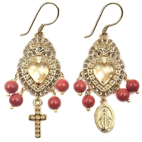 MARARDI Pendientes Mujer Italianos Dorados con Bolas Coral [Cuore Dolce Rosso] Largos Handmade Joyería Italiana Originales Elegantes para Diario Bodas Eventos Ocasiones Especiales [Dolce Rosso]