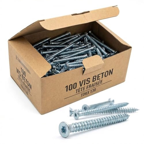 Lot de 100 Vis Béton tête fraisée Torx T30 - turbo spécial huisserie - diam. 7,5mm - Acier Zingué - Longueur 72 mm - Diamètre 7,5 mm