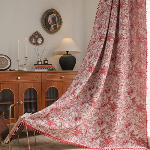 USTIDE Rideau jacquard rouge avec pompons motif palmier et boules rouges – 150 x 220 cm – Longueur au sol – 1 panneau pour salon, salle à manger, chambre à coucher