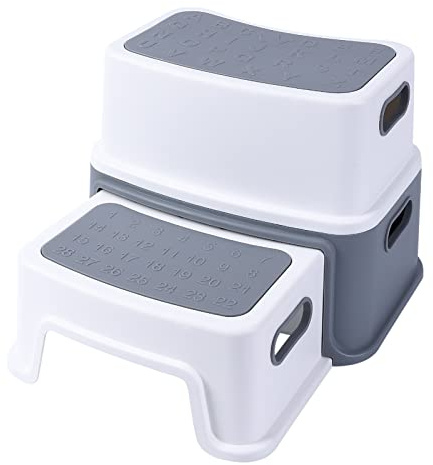 Tritthocker Grauer 2-stufiger Kinderhocker aus PP-Material – rutschfest & Stabil, Ideal für Badezimmer, Küchen, Waschbecken und Toiletten