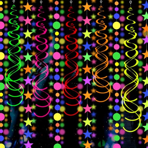Schwarzlicht Party Deko, 3 Formen/Je 4M Neon Leuchtend Girlanden UV Licht | Stern Kreispunkt Wimpelkette, Disco Party Banner Girlande Papier Bänder leuchtend UV Glow Partyzubehör