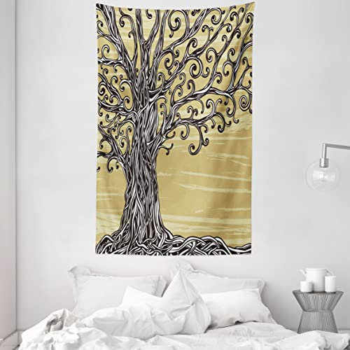 ABAKUHAUS Baum des Lebens Wandteppich und Tagesdecke, Natur Eco Sketchy aus Weiches Mikrofaser Stoff Waschbar ohne Verblassen Digitaldruck, 140 x 230 cm, Senfbraun