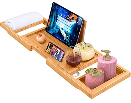 ADOV Pont de Baignoire Extensible, Naturel Bois Bambou Plateau Baignoire avec Bougie, Verre, Livre, Tablette et Téléphone Titulaire, Antidérapante Etagère à Baignoire Convient À Plupart Baignoire