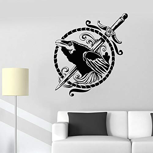 QIANGTOU Schwarz Rabe Symbol Schwert Gothic Stil Vogel Vinyl Wandtattoo Wohnkultur Wohnzimmer Kunstwand Abnehmbare Wandaufkleber 101x113cm