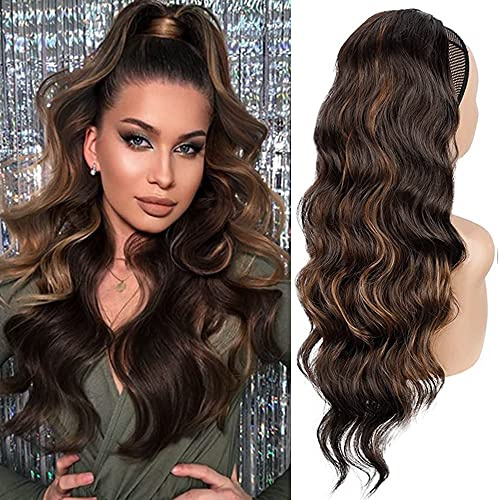 YEESHEDO Schwarze Pferdeschwanz Haarteil Clip Extensions mit Kordelzug Lang Wellig Schwarz mit braunen Highlights Haarverlängerunge Natürliche Perücken Afro Lockige Ponytail fuer Zopf