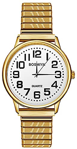JewelryWe Herren-Armbanduhr, ausziehbar, große Ziffern, elastisch, Quarz, einfach und elegant, Ultra-klar und leicht zu lesen, für ältere und sehbehinderte Menschen, goldfarben, Goldfarben, Armband