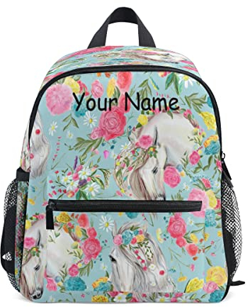 Individueller Kinderrucksack für Kleinkinder, personalisierter Rucksack mit Namen/Text, personalisierbar, niedliches Pferd mit Blume, Kindergarten, Vorschultasche für Mädchen und Jungen