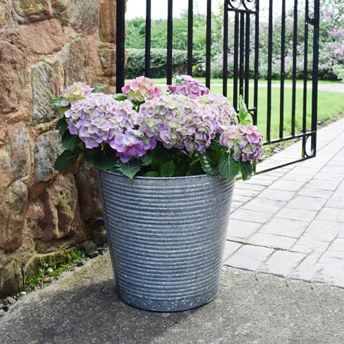 Ivyline Ribbed Galvanised Iron Planter with Built in Drainage - Frost Proof & UV Stable - Decorative Lightweight Outdoor Flower Pot - H34cm x D37cm
