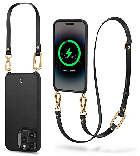 CYRILL von Spigen Classic Charm Mag handyhülle [kompatibel mit iPhone 14 Pro Max (6,7 Zoll)], [Kompatibel mit MagSafe] mit Band (Kunstleder) Zweiteilige Kette am Körper - Schwarz