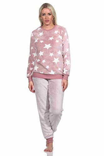 Normann Damen Langarm Schlafanzug mit Bündchen in Sterneoptik aus kuschelig warmen Coralfleece