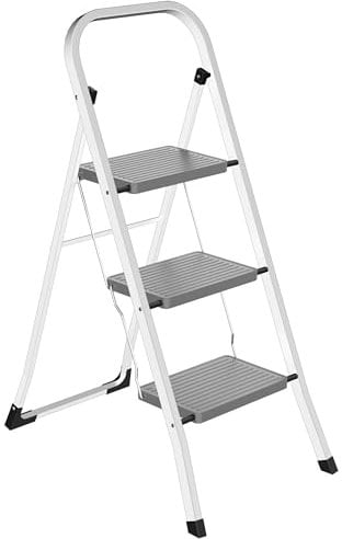 Scala scaletta pieghevole in acciaio bianca 3 gradini in colore grigio grandi comodi portata 150 kg da lavoro per casa fai da te