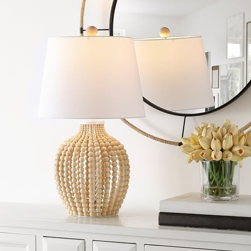 SAFAVIEH Lighting Collection Rewli Boho Beaded Natural/White 23-inch Table Lamp (LED Bulb Included)