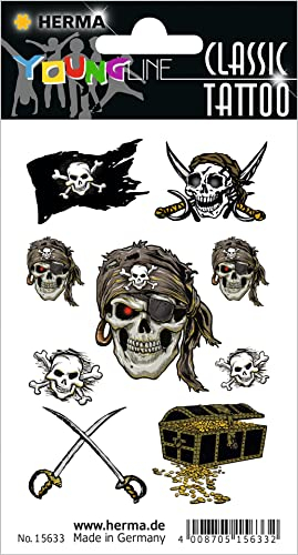 HERMA 15633 Temporäre Tattoos Totenkopf, 9 Stück, Klebetattoos zum Aufkleben, Fake Tattoos Aufkleber mit Piraten Piratenflagge Motiv, Kindertattoos Sticker für Fasching Karneval Kinder Erwachsene