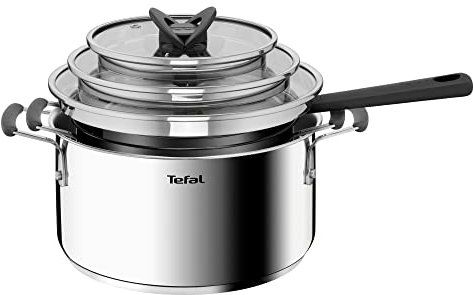 Tefal G7376S Opti'Space Topfset 6-teilig | Stielkasserolle 16 cm (inkl. Deckel) | Kochtöpfe 20/24 cm (inkl. Deckel) | Edelstahl | Thermo-Fusion-Boden | für alle Herdarten | Induktion | Grau