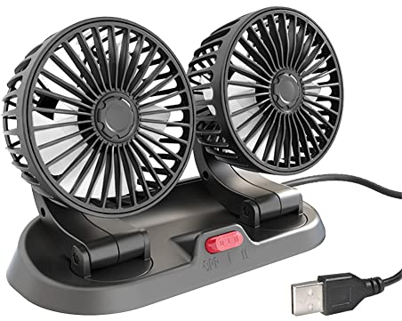 OKESYO 5V Auto Ventilator Leise, Kfz Lüfter Auto Ventilator USB, 5V Doppelkopf Auto Ventilator für KFZ, LKWs, SUV, 2-Gang, 360 Grad Rotation, 130cm Leinenlänge