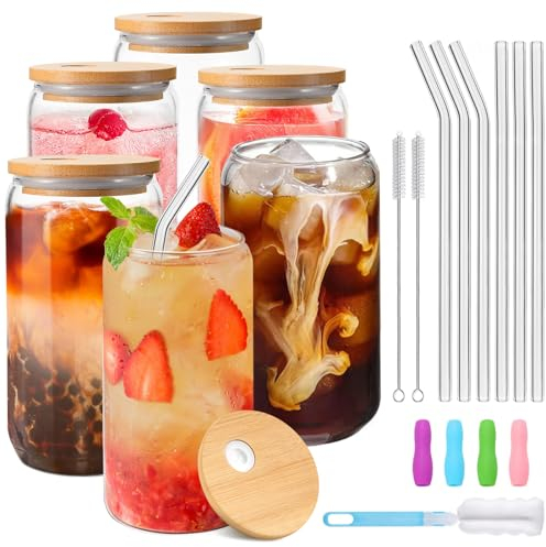 Xsiuyue 6 Pack Glass Cups with Lids and Straws, 16oz/480ml Drinking Glasses with Bamboo Lids, Iced Coffee Cup Glass Tumbler for Beer, Cocktail, Milk, Ice Water