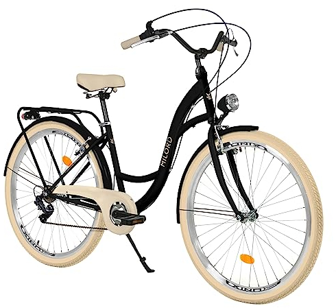 Balticuz OU Komfort Fahrrad mit Rückenträger, Hollandrad, Damenfahrrad, Citybike, Retro, Vintage, 28 Zoll, Schwarz-Creme, 7-Gang