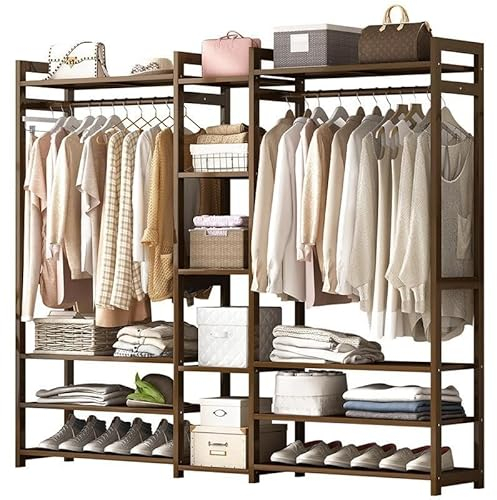angelfanmily Bambus Kleiderständer, Offener Garderobenständer mit Schuhablage Kleiderstange Haken Stabil, Moderner offener Kleiderschrank oder Kleiderregal, Bis 120KG Belastbar