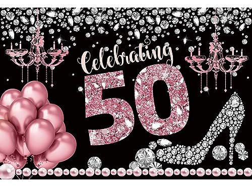 Ttincceer 1,5 x 1 m Happy Birthday-Hintergrund zum 50. Geburtstag von Damen und Herren, Party-Dekoration, Banner, Diamant-Absätze, funkelnder rosa Ballon, Perlen-Fotografie-Hintergründe